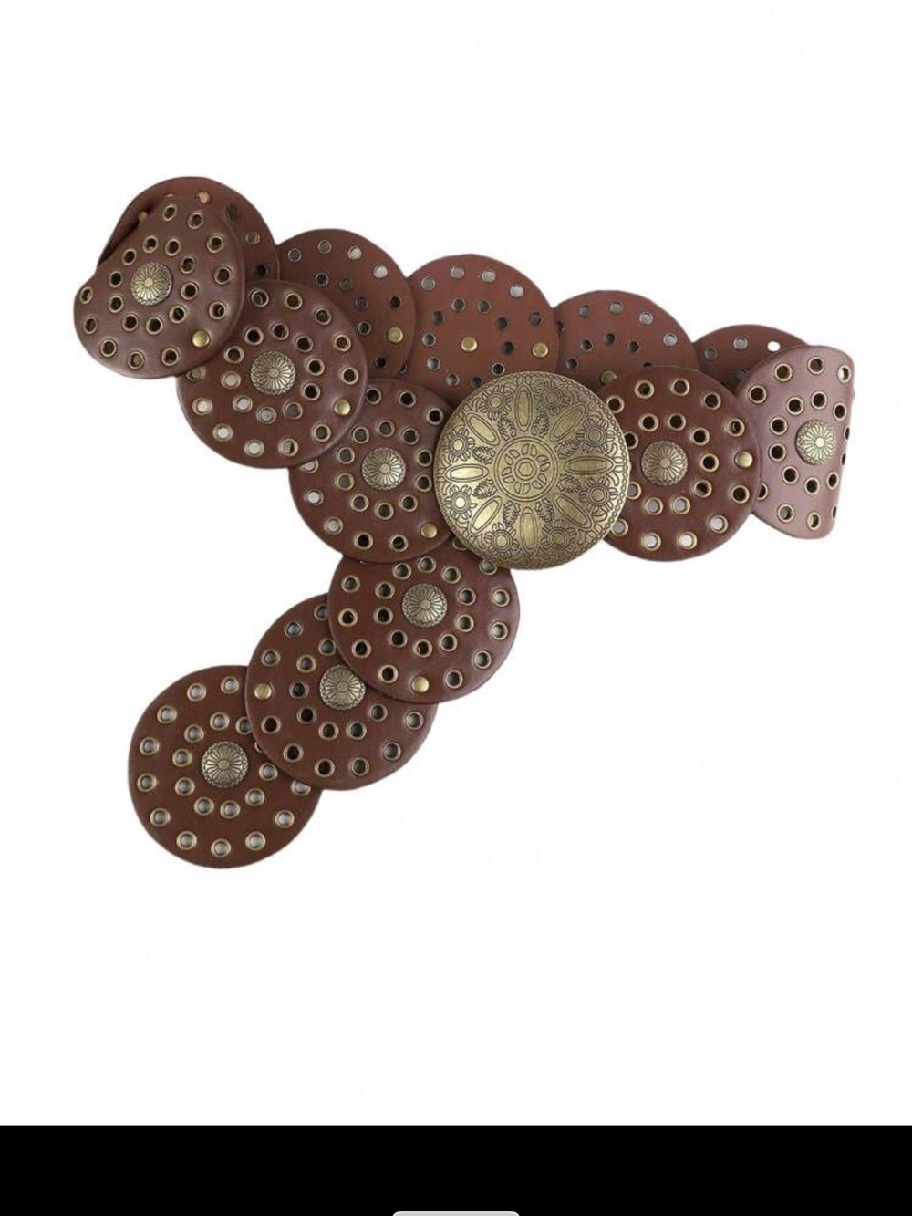 Brown Decorative Leather Circle Belt with Ornate Brass Medallion